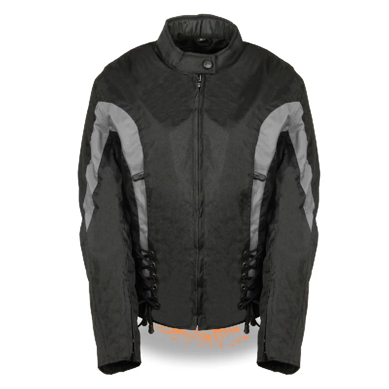 Bikers Edge SH2188 Women's Black and Grey Textile Jacket with Side Collared Crew Neck Turtle Neck