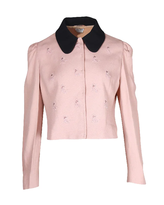 Miu Miu Dog Motif Embellished Cropped Jacket in Pink Acetate Fitted T-Shirt Seamless Stretchy