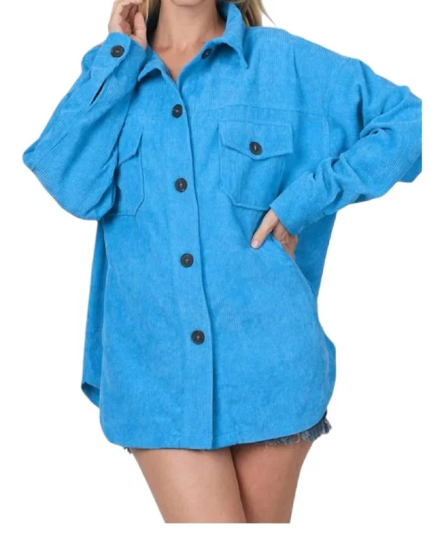 Oversized Corduroy Button Jacket In Blue Zippered Buttoned Snapped