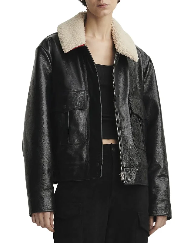 rag & bone Colton Leather & Shearling Jacket Notch Collar Peter Pan Collar Cowl Neck