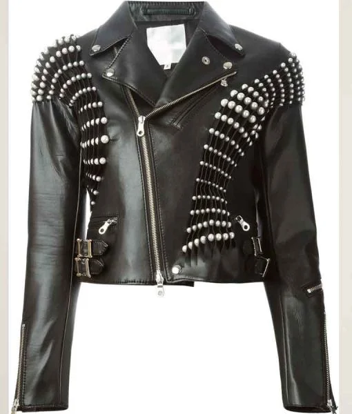 RHOBH Erika Jayne Pearl Pleated Biker Jacket Houndstooth Herringbone Solid