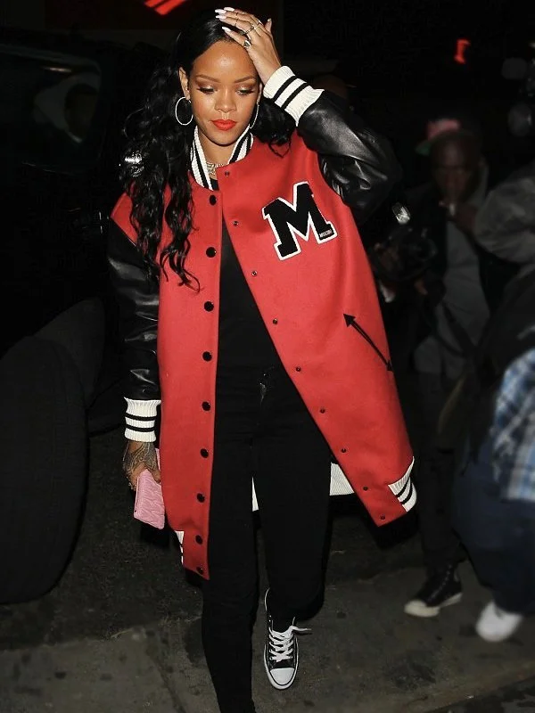 Rihanna Red & Black Long Letterman Jacket Chenille Fabric Brocade Fabric Lace Fabric