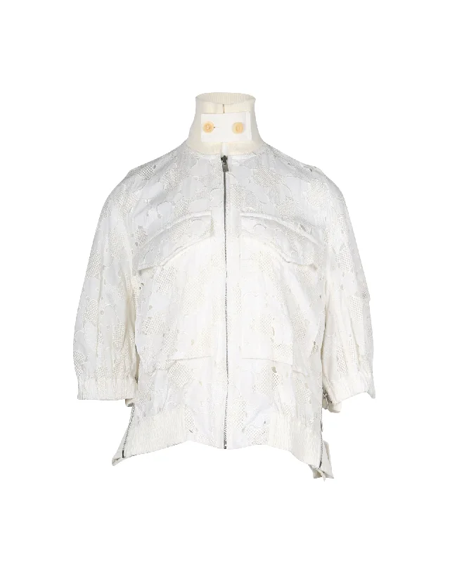 Sacai Bomber Jacket in White Cotton Lace Asymmetrical Pockets Print