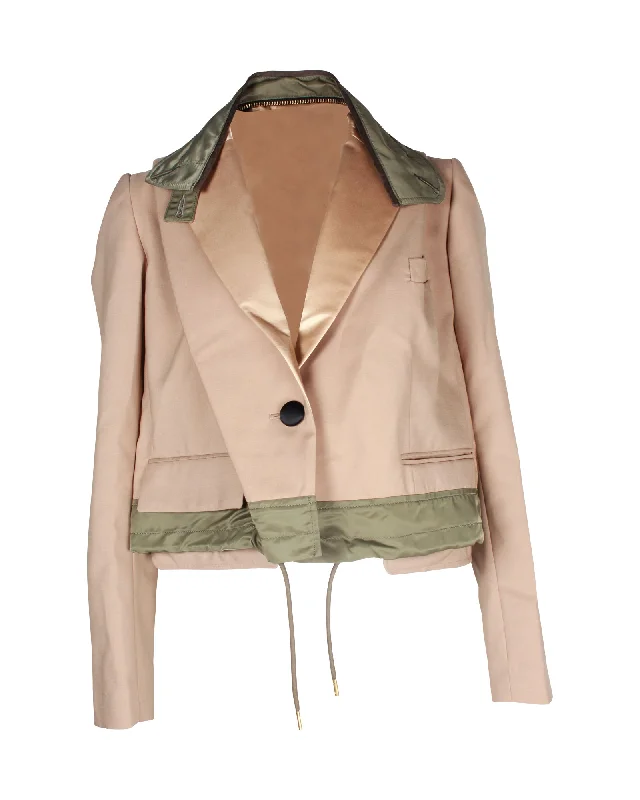 Sacai Cropped Blazer Jacket in Beige Polyester Thin T-Shirt Open Front Quick Dry