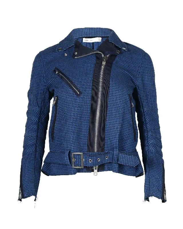 Sacai Luck Houndstooth Biker Jacket in Royal Blue Cotton Anti-Pilling Machine Wash Handmade