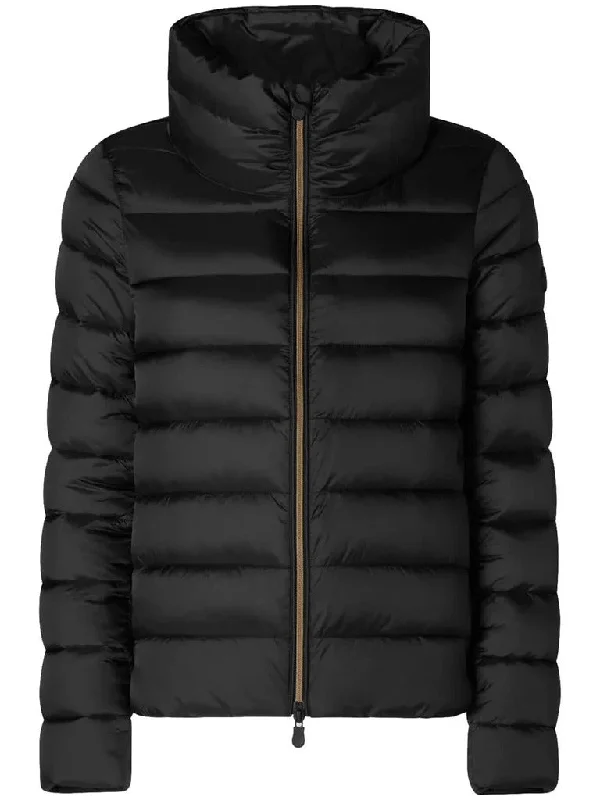 Save the Duck Women's Elsie Puffer Jacket, Black Ribbed T-Shirt High Neck Heavyweight