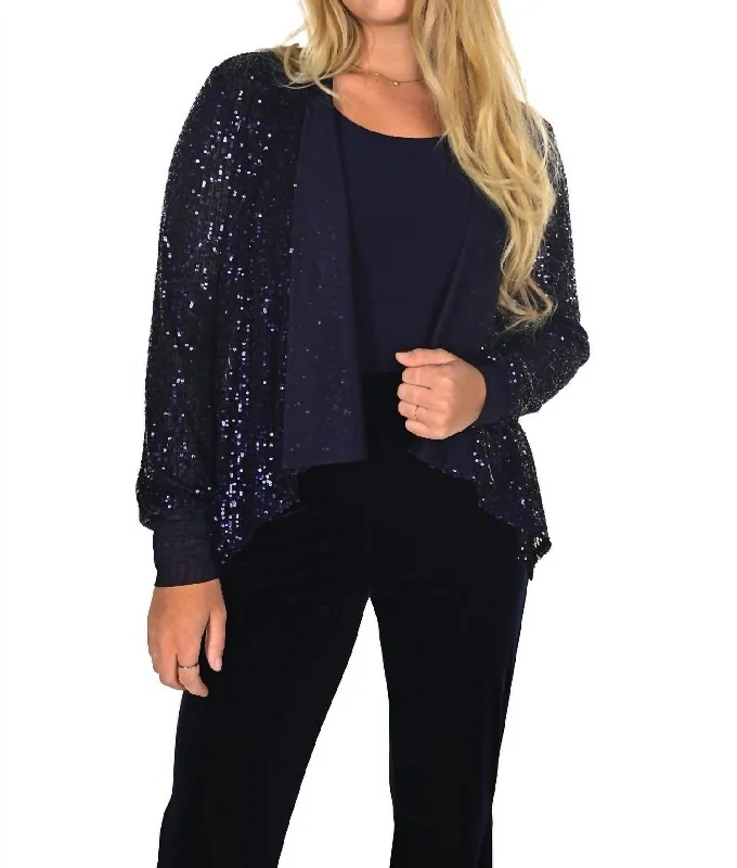 Sequin Jacket In Navy Hooded Caped Shawl Collar