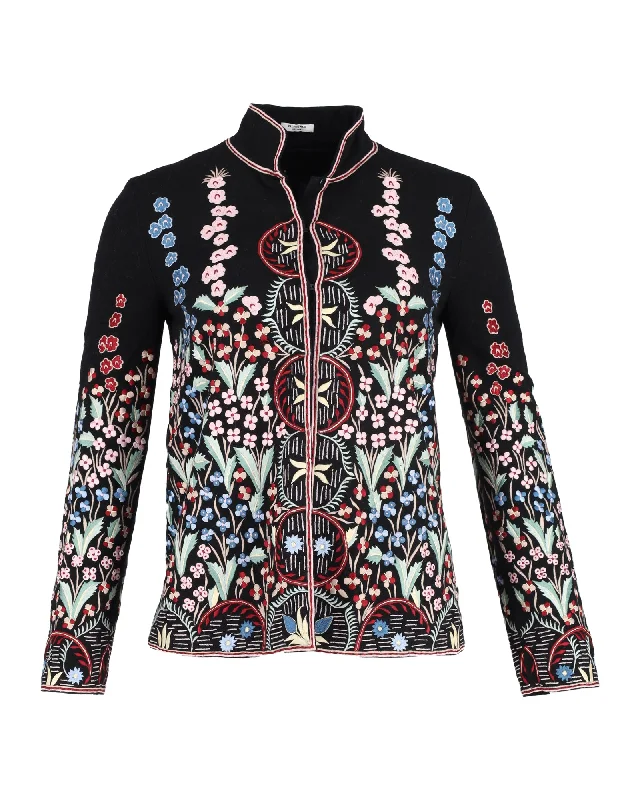 Vilshenko Floral Embroidered Jacket in Black Wool Knit Fabric Woven Fabric Fleece Fabric