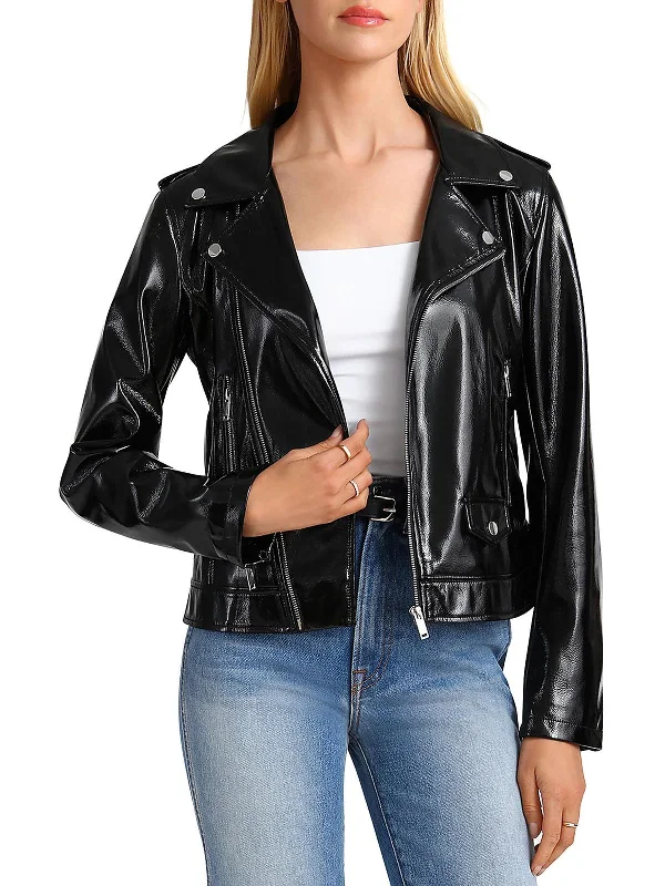 Womens Patent Faux Leather Motorcycle Jacket Sequined Glittery Shiny