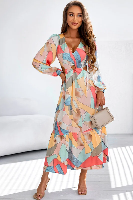 Abstract Print Long Sleeve Maxi Dress Fashionable Layered Maxi Dress