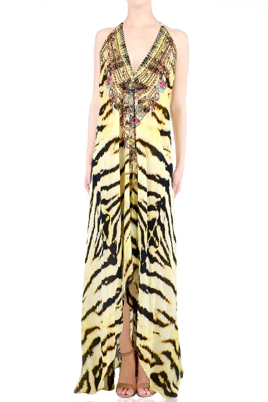 Animal Print Backless Maxi Dress Comfortable Maxi Dress with Sleeves