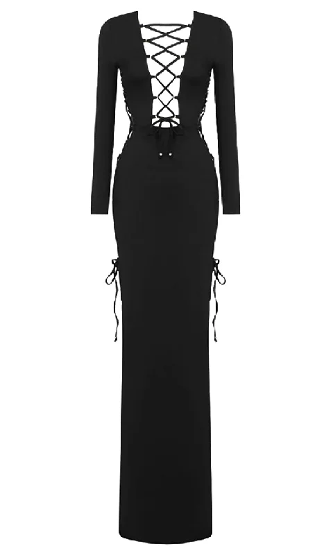 Baring My Soul <br><span>Black Long Sleeve Crisscross Lace Up Plunge V Neck Cut Out Sides Backless Side Slit Bandage Maxi Dress</span> Comfortable Casual Maxi Dress