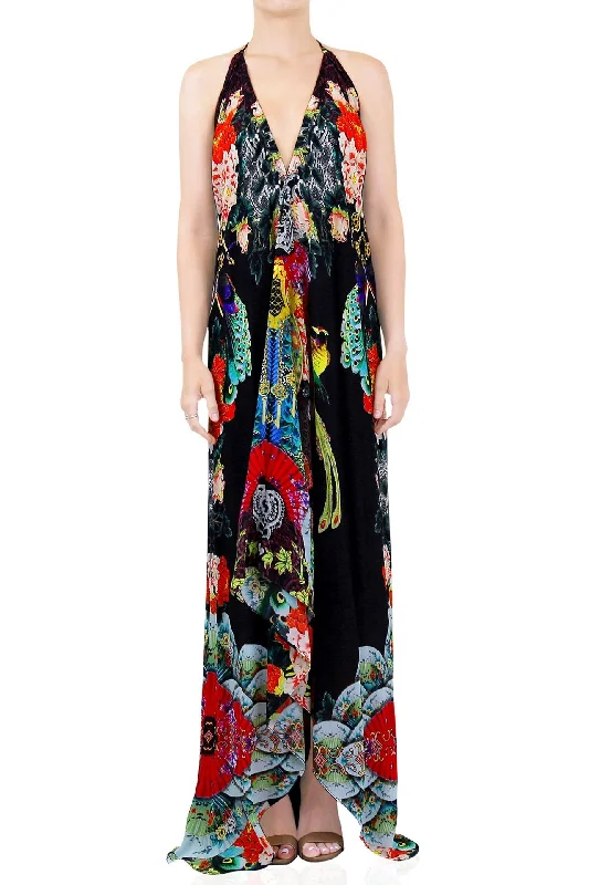 Bird Print Long Black Maxi Dress Comfortable Maxi Dress with Sleeves