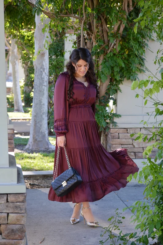 Birdie Plum Silk Maxi Dress Elegant Maxi Dress with Belt