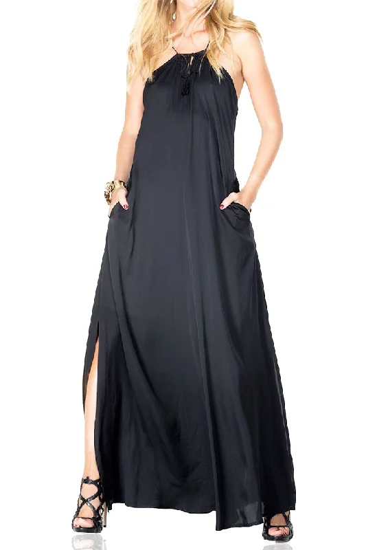 Black Silk Maxi Dress For Women Comfortable Fit-and-Flare Maxi Dress