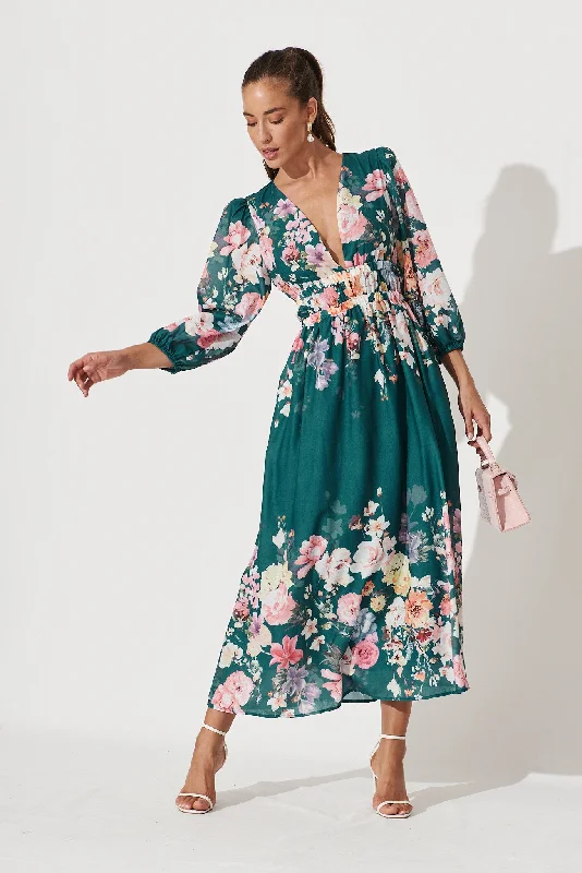 Camie Maxi Dress In Teal With Orange Floral Trendy Fit-and-Flare Maxi Dress