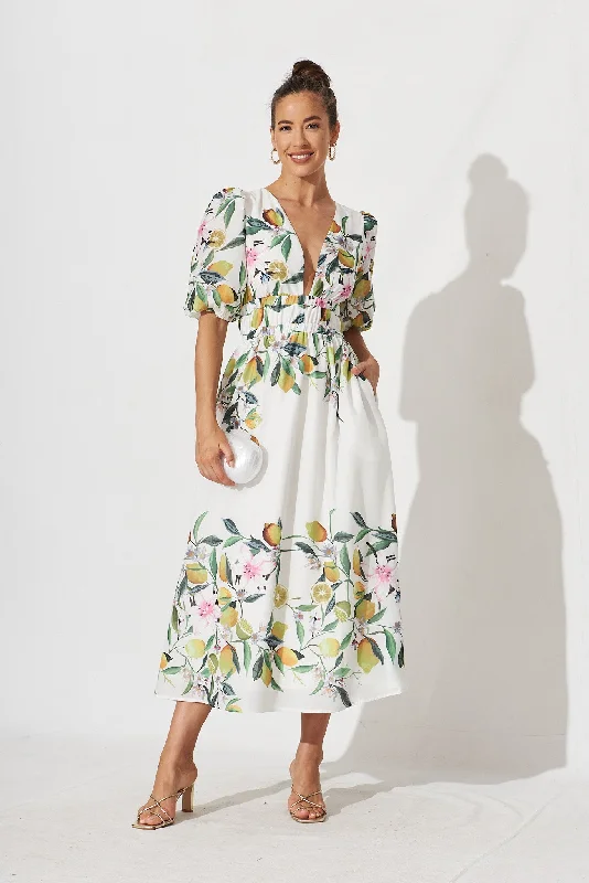 Camille Maxi Dress In White With Yellow Print Elegant Silk Maxi Dress