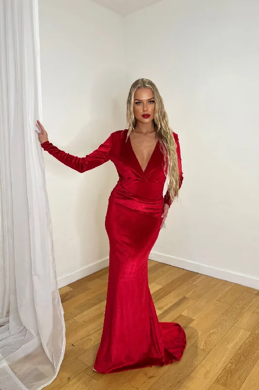 Chanel Red Velvet V-Neck Stretch Long Sleeve Mermaid Maxi Dress Comfortable Plunging Neckline Maxi Dress