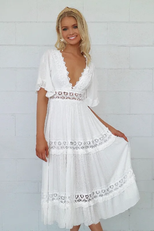 Charlotte Boho Maxi Dress - White Comfortable Ruffle Hem Maxi Dress