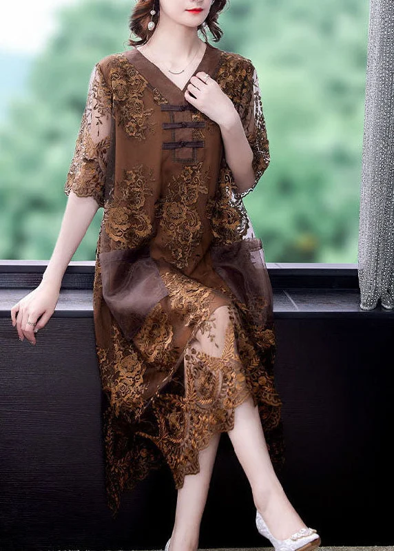 Chocolate Patchwork Lace Maxi Dresses V Neck Embroideried Summer Cozy Spaghetti Strap Maxi Dress