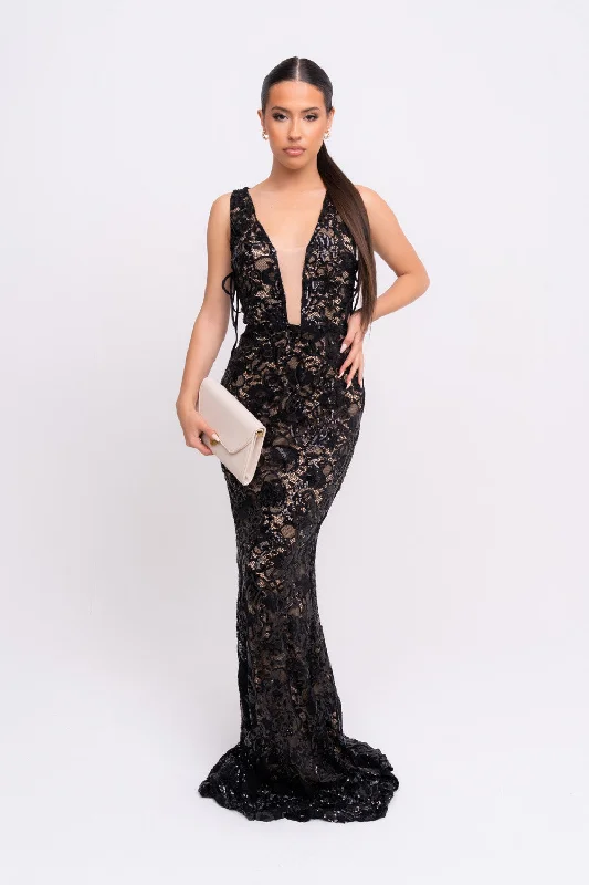 Flora Black Luxe Deep Plunge Tie Side Floral Lace Sequin Embellished Maxi Dress Elegant Tiered Maxi Dress