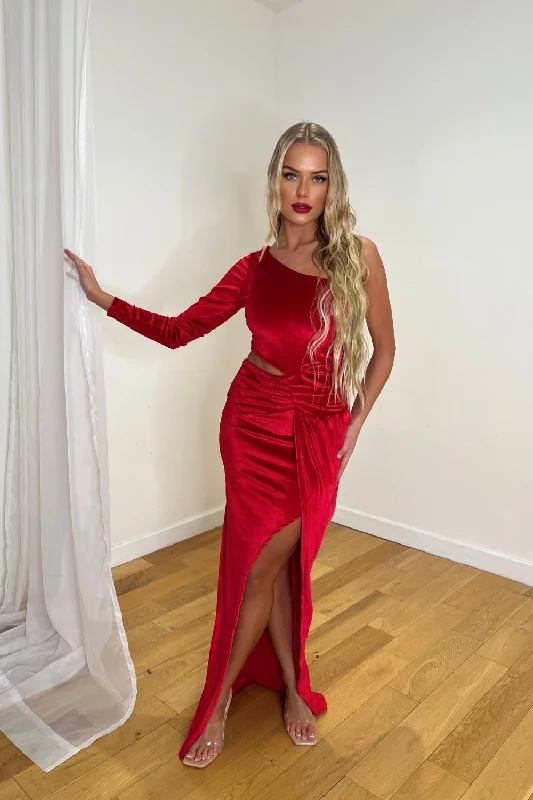 Rianna Ruby Red High Neck Velvet Ruched Detail One Sleeve Slit Maxi Dress Chic Summer Maxi Dress