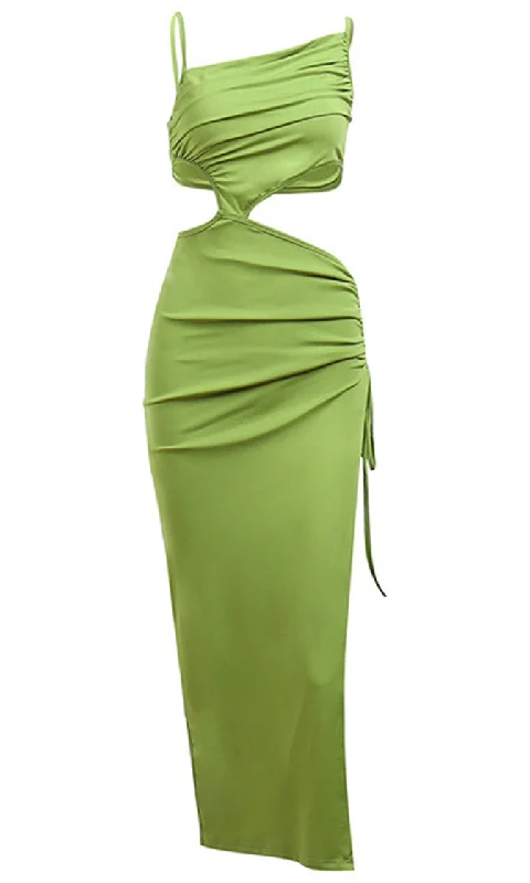 Cut And Paste Green Sleeveless Spaghetti Strap Asymmetrical Cut Out Sides Open Back Ruched Drawstring Side Slit Maxi Dress Cozy Cold-Shoulder Maxi Dress