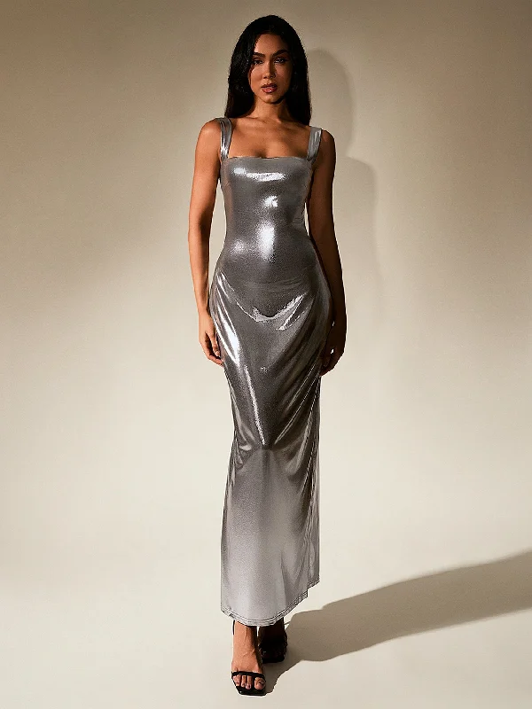 Cut Out Misty Gold Metallic Bodycon Maxi Dress Fashionable Chiffon Tiered Maxi Dress