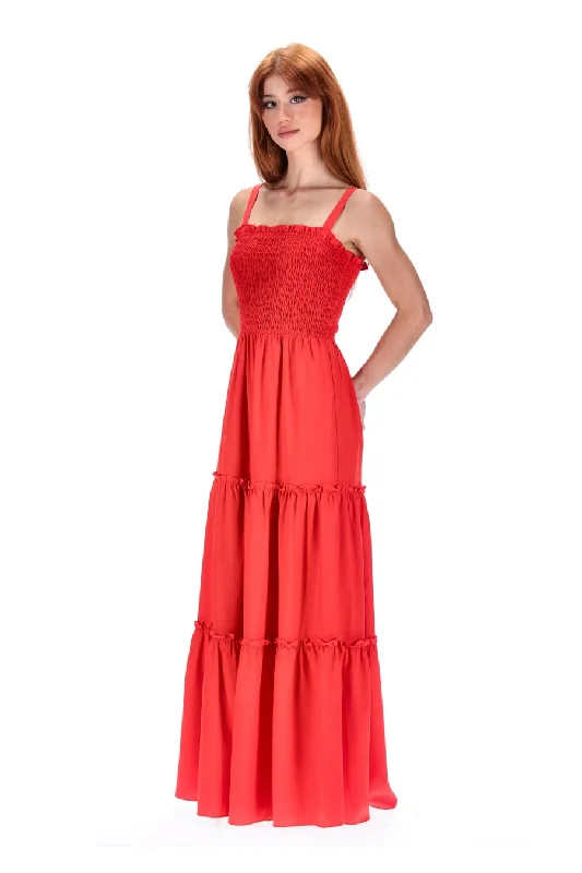 Dallas Shirring Maxi Dress Tangerine Classic Solid Maxi Dress