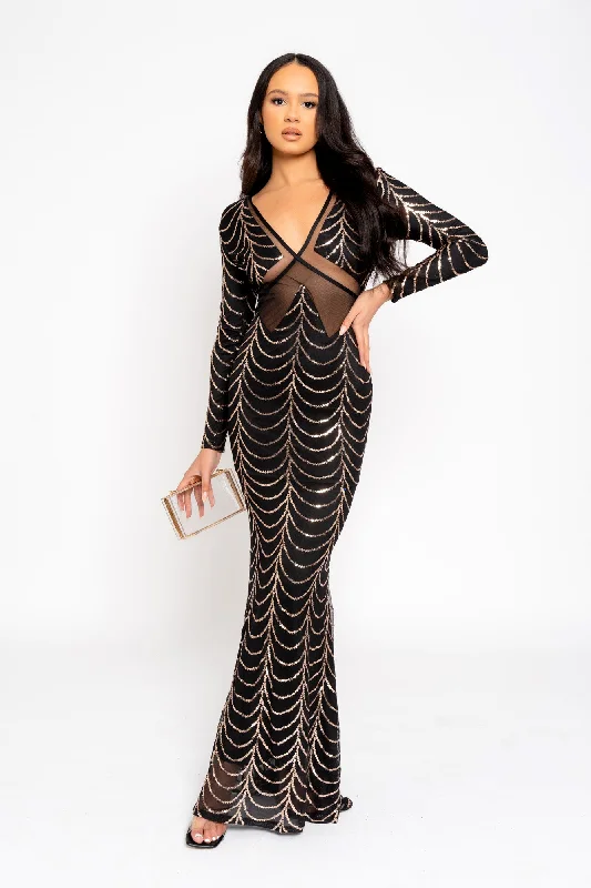 Darkest Secret Black Rose Gold Luxe VIP Embellished Illusion Sheer Mesh Long Sleeve Mermaid Maxi Dress Trendy Printed Maxi Dress