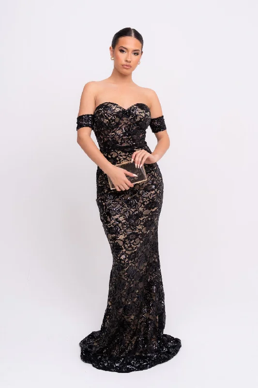 Daydreamer Black Floral Lace Sequin Embellished Off The Shoulder Bardot Cuff Maxi Dress Fashionable Button-Down Maxi Dress