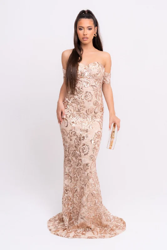 Daydreamer Rose Gold Floral Lace Sequin Embellished Off The Shoulder Bardot Cuff Maxi Dress Stylish Maxi Dress with Frills