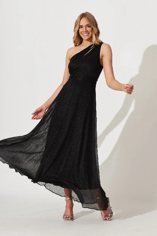 PRE ORDER Dazzling One Shoulder Maxi Dress In Black Lurex Classic Tulle Maxi Dress