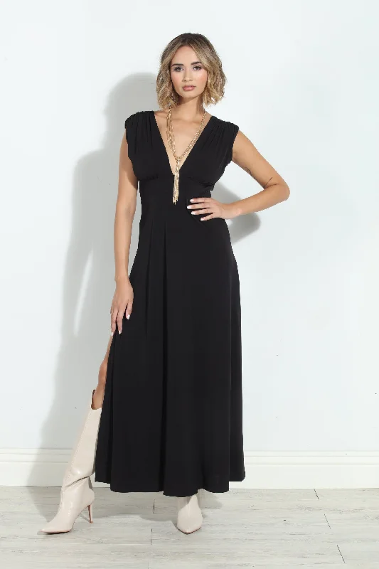 Black Stretch Deep V Maxi Dress-BEST SELLER Trendy Off-Shoulder Ruffle Maxi Dress