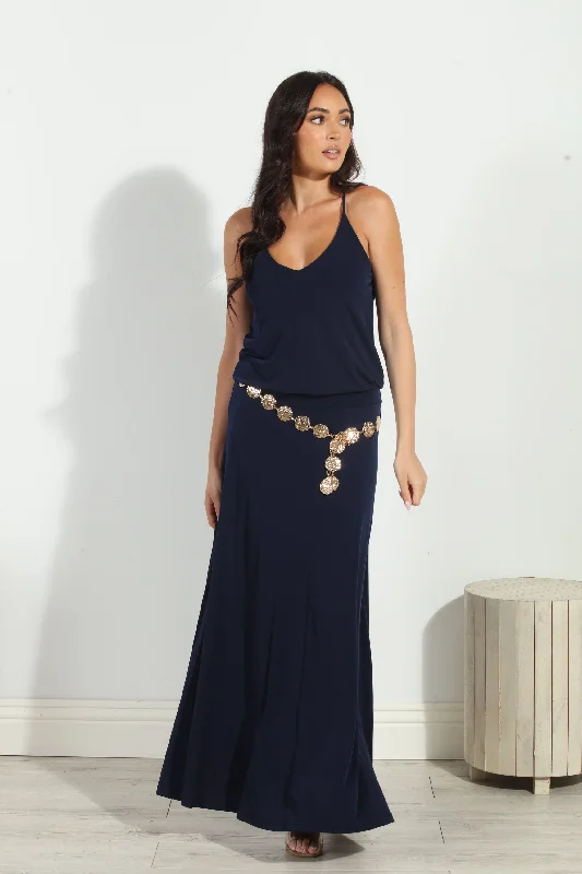 Navy Stretch Drop Waist Maxi Dress-BEST SELLER Fashionable Button-Down Maxi Dress