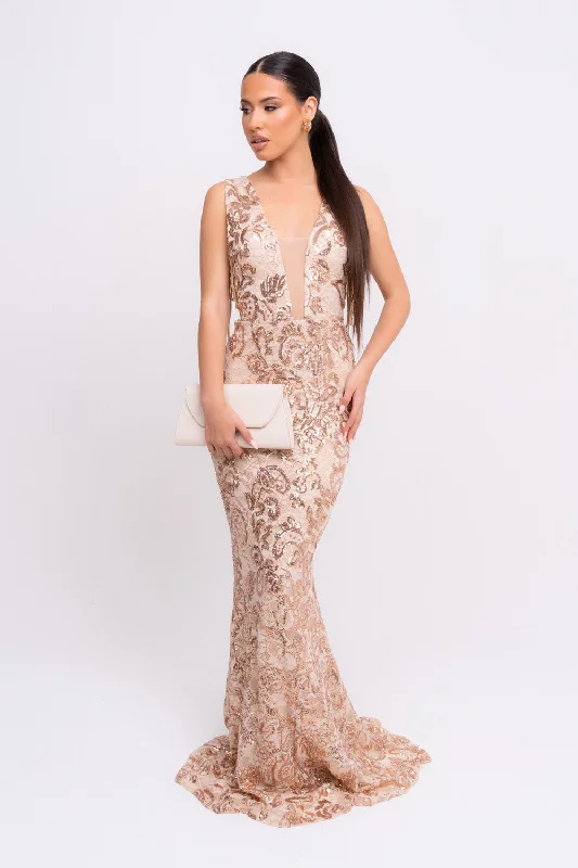 Flora Rose Gold Luxe Deep Plunge Tie Side Floral Lace Sequin Embellished Maxi Dress Fashionable Layered Maxi Dress