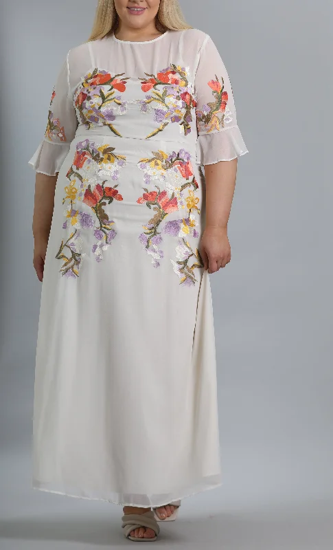 Fluted Sleeve Embroidered Maxi Dress In Ivory Trendy Floral Print Maxi Dress