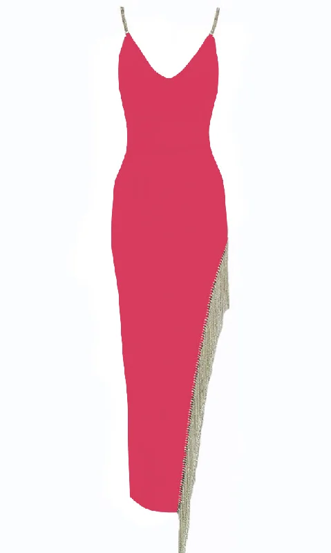 Forever In My Mind <br><span>Fuchsia Pink Sleeveless Rhinestone Strap Crystal Fringe V Neck Cut Out Side Bodycon Bandage Maxi Dress</span> Fashionable Halter Neck Maxi Dress