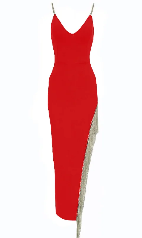 Forever In My Mind <br><span>Red Sleeveless Rhinestone Strap Crystal Fringe V Neck Cut Out Side Bodycon Bandage Maxi Dress</span> Fashionable Sleeveless Maxi Dress