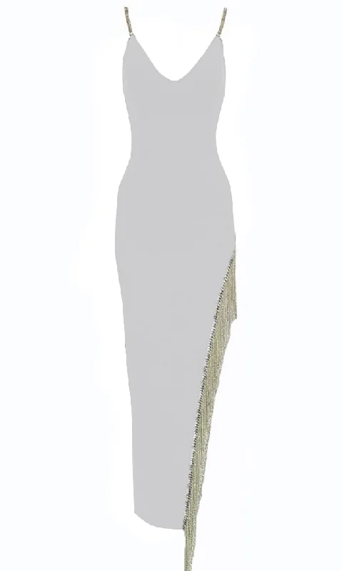 Forever In My Mind White Sleeveless Rhinestone Strap Crystal Fringe V Neck Cut Out Side Bodycon Bandage Maxi Dress Elegant Maxi Dress with Drapes