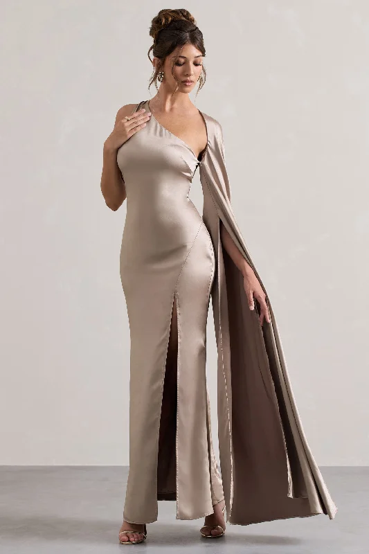 Gala | Taupe Satin One-Shoulder Cape Sleeve Split Maxi Dress Comfortable Long-Sleeve Maxi Dress