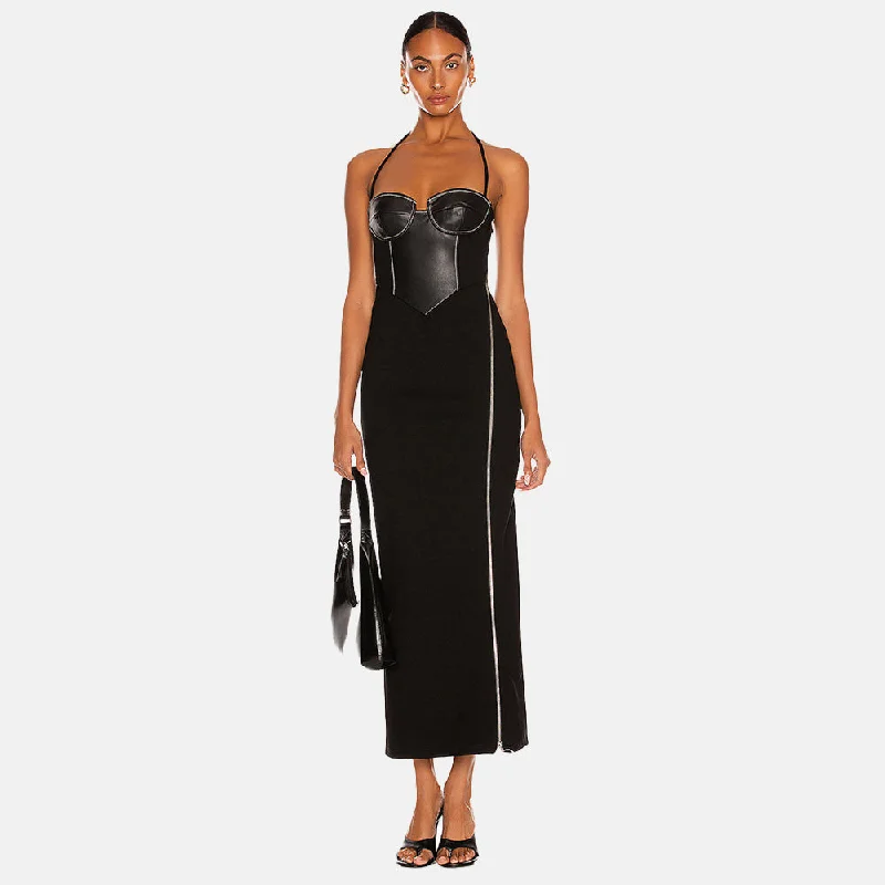 Halter Leather Zip Maxi Dress Trendy Maxi Dress with Bow