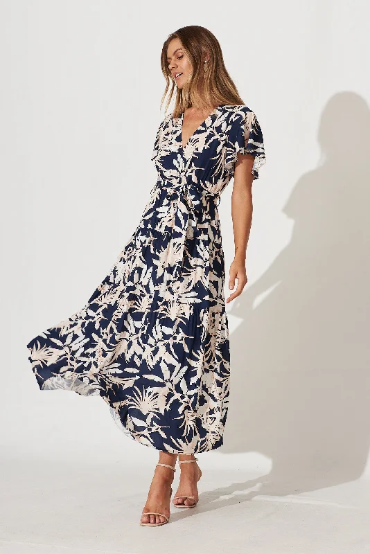 Heidi Maxi Dress In Navy Leaf Print Trendy Maxi Dress with Bow