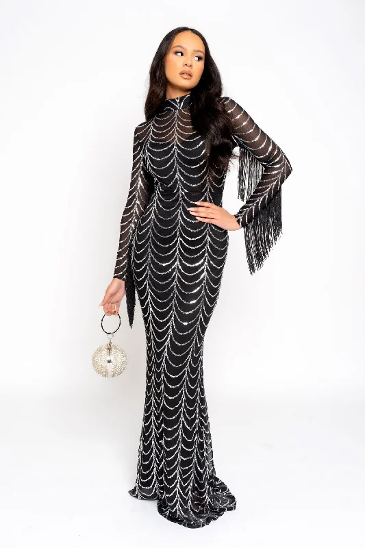 Hypnotic Black Silver Luxe VIP Tassel Fringe Sequin Embellished Illusion Long Sleeve Maxi Dress Elegant Maxi Dress with Drapes