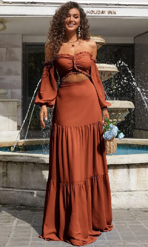 In My Element <br><span>Burnt Orange Off The Shoulder Ruffle Long Bishop Sleeves Cut Out Waist A Line Maxi Dress </span> Elegant Lace-Up Maxi Dress