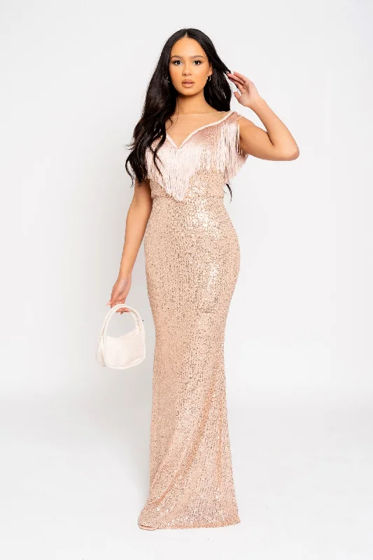 Kendal Rose Gold Luxe Vip Plunge Tassel Fringe Sequin Embellished Illusion Maxi Dress Cozy Knit Maxi Dress