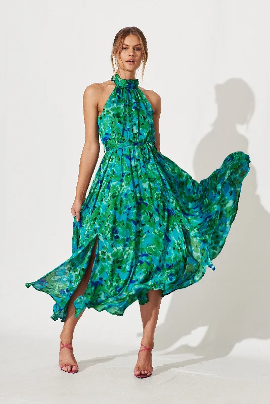 Kiss Me Halter Neck Maxi Dress In Green Watercolour Print Trendy Floral Print Maxi Dress