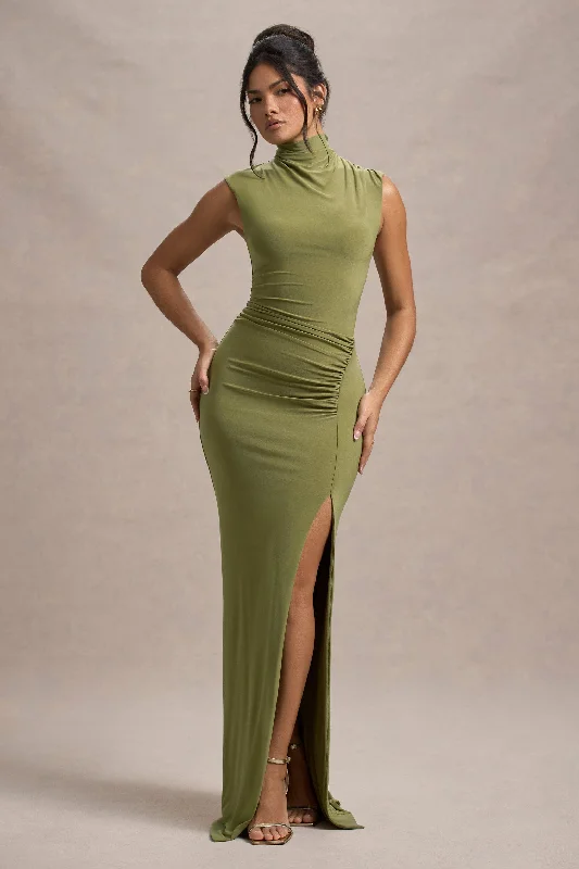 Lanetta | Olive Ruched High-Neck Maxi Dress With Split Stylish Pleated A-Line Maxi Dress