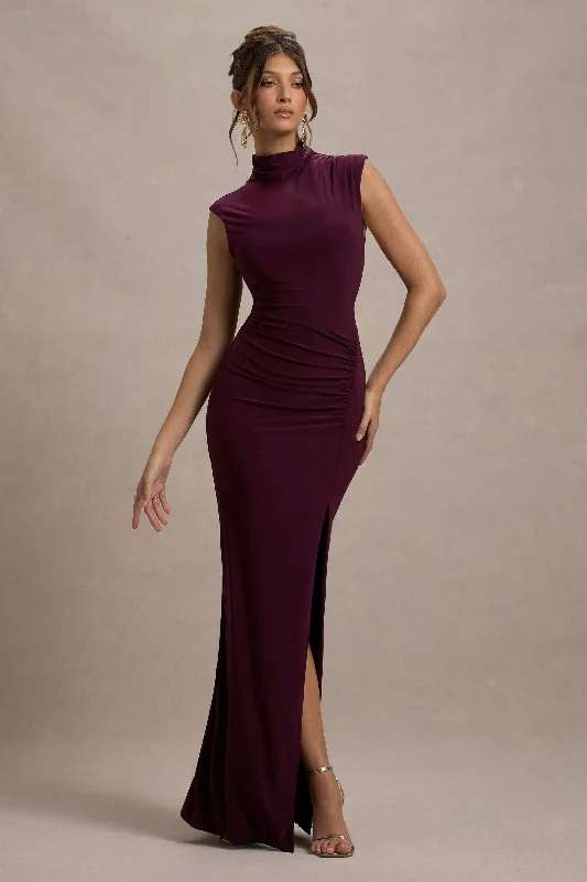 Lanetta | Plum Ruched High-Neck Maxi Dress With Split Fashionable Chiffon Maxi Dress