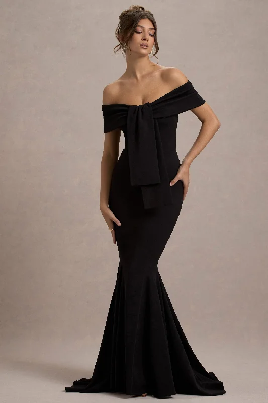 Lantana | Black Bardot Fishtail Maxi Dress With Drape Comfortable Maxi Dress with Slits